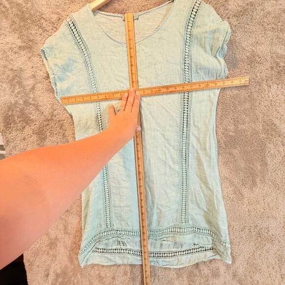 Bellambra Mint Green Linen Shift Dress Embroider Lace Trim M Made in Italy - Picture 8 of 10